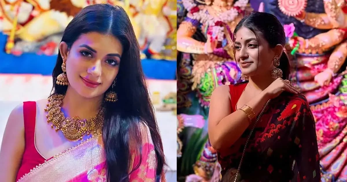 পূজার সাজে মন্দিরা, শুভেচ্ছায় ছড়ালেন সম্প্রীতির বার্তা