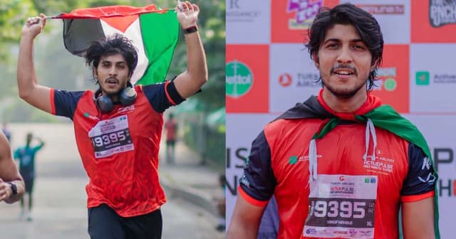 ফিলিস্তিনের পতাকা হাতে ম্যারাথন দৌড়ে তৌসিফ মাহবুব