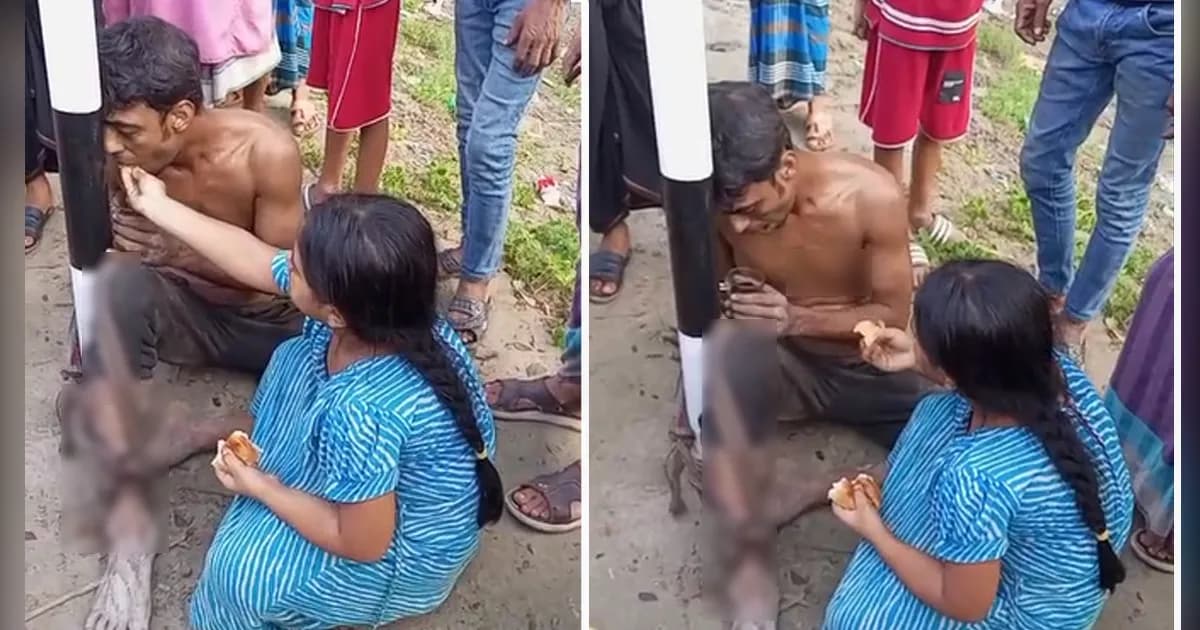 চুরির অভিযোগে বেঁধে রাখা বাবার মুখে খাবার তুলে দিল ছোট্ট মেয়ে