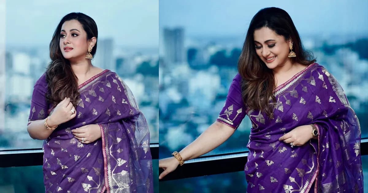 বেগুনি শাড়িতে পূর্ণিমার মায়াবী রূপ, মুগ্ধ ভক্তরা