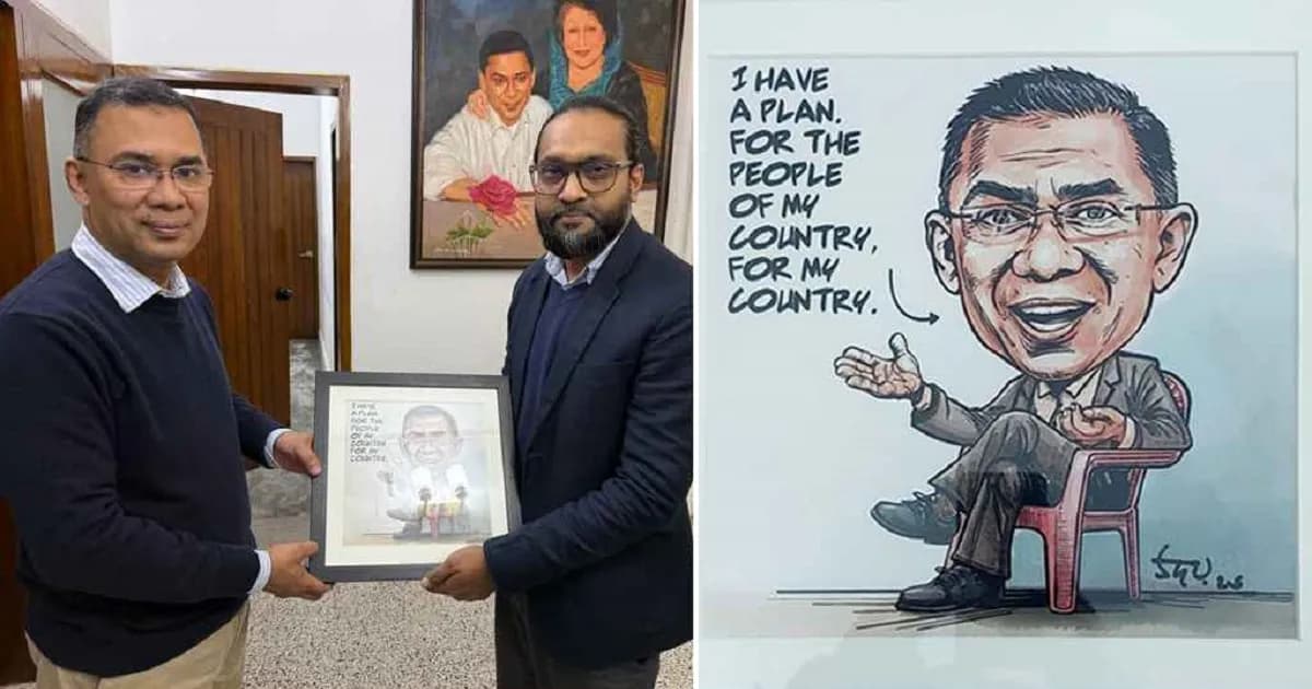 তারেক রহমানকে ‘আই হ্যাভ অ্যা প্ল্যান’ শীর্ষক কার্টুন হস্তান্তর