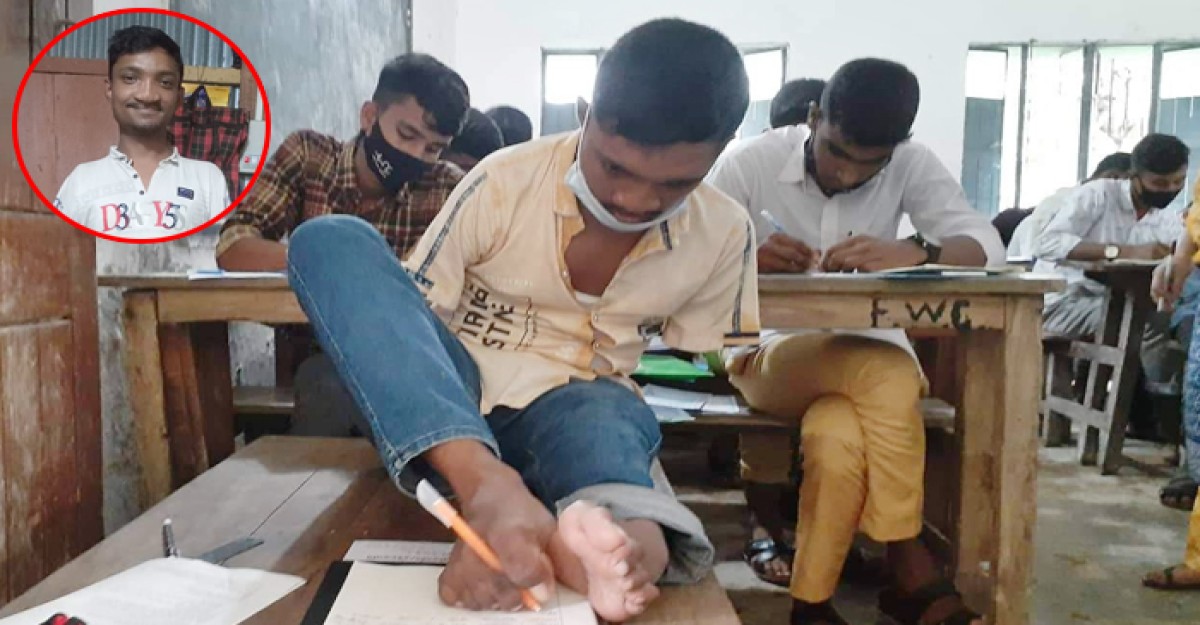 পা দিয়ে লিখে জিপিএ- ৫ পেয়েছে ফুলবাড়ীর মানিক